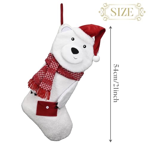 Valery Madelyn Christmas Stockings Decorations, 21 Inch Fabric Red White Bear Holding an Envelope Bag Plush Personalized Fireplace Hanging Ornament for Holiday Xmas Party Decor