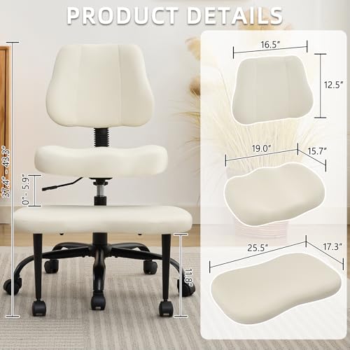 Image of Ergonomic Criss Cross Legged Office Chair, ADHD Chair, Wide Height Adjustable Seat 360 Swivel Footstool with Wheels, PU Leather Meditation Kneeling Chair, for The Restless Home Workers, Beige