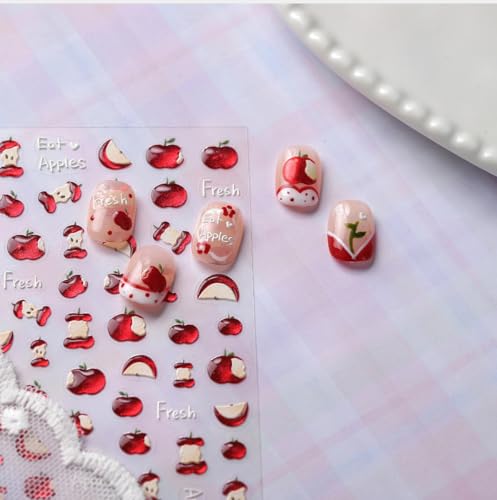 Image of Apple Nail Stickers Red Nail Decals Jelly with Design 5D Embossed Self Adhesive Nails Art Stickers Glitter Apples Nail Art Decals Charms Supply for Women Girls Kid Manicure DIY Decoration