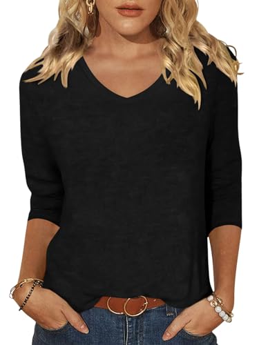 Minetom Shirt 3/4 Arm Damen T-Shirt Sommer V-Ausschnitt Tshirt Basic Casual Oberteil A Schwarz M