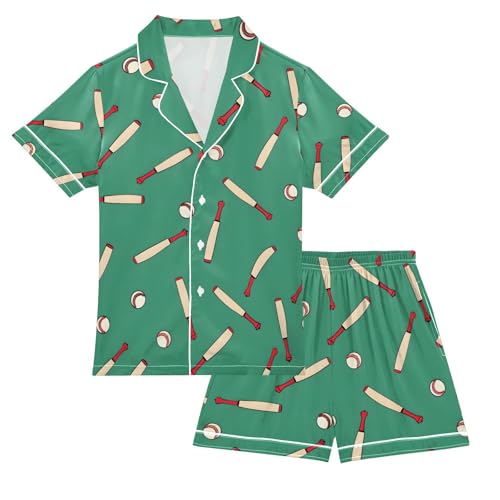 ALAZA Baseball Stylish Green Pajamas Satin Pajama Set Short Sleeve Button Down Sleepwear