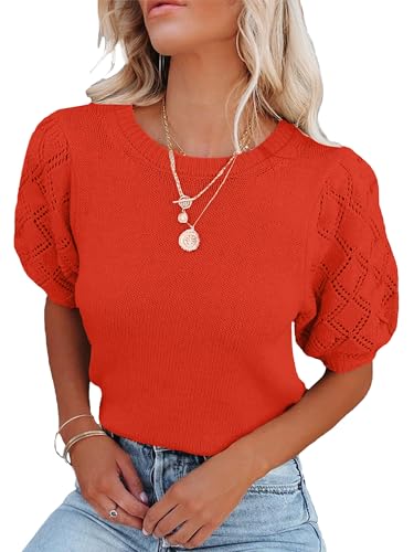 Image of Women's Short Sleeve Tops Soft Puff Sleeve Knit Top Summer Sweaters Dressy Casual