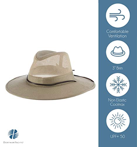 Dorfman Pacific Men's 1 Piece Brushed Twill Mesh Safari Hat With Genuine Leather Trim, Khaki, Medium #TOP1