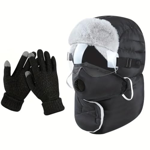 FACAIIO Lot de 3 chapeaux d'hiver thermiques avec gants pour temps froid, protection du cou avec cache-oreilles, bonnet chaud en polyester et gants