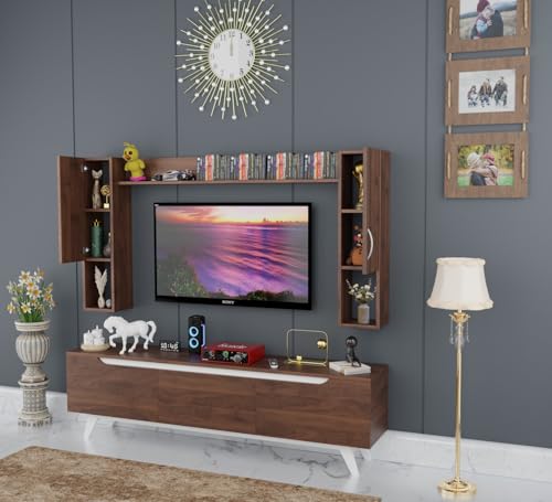 Image of Spyder Craft Matte Finish TV Entertainment Unit, Tv Stand with Wall Shelf Book Storage | Decore Living Room Engineered Wood TV Entertainment Books Storage & Decor Display Unit Color Columbian Walnut