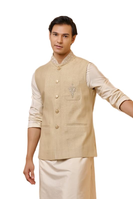 tasva Beige Classic Bundi with Embroidered Collar | Ethnic WEAR | Beige | XS-picture-58