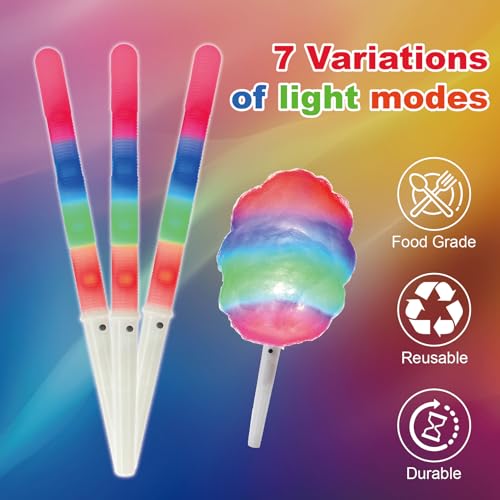 Image of 100PC Glow Sticks, Cotton Candy Sticks, Waterproof Cones Bulk for Party, Cotton Candy Stand Holder Accessories,Reusable LED Cotton Candy Party