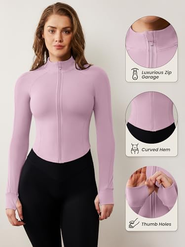 Image of AVGO Women's Workout Jacket Lightweight Zip Up Cropped Yoga Jackets Slim Fit Athletic Tops with Thumb Holes