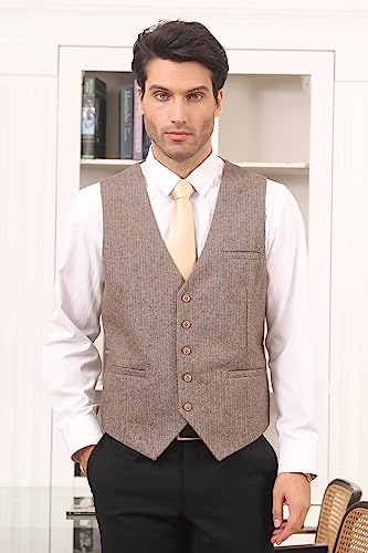 HISDERN Men's Herringbone Tweed Vest British Wedding Premium Wool Blend Suit Vest Business Formal Dress Vests Waistcoat2