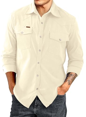JMIERR Men's Corduroy Shirts - Casual Western Long Sleeve Button