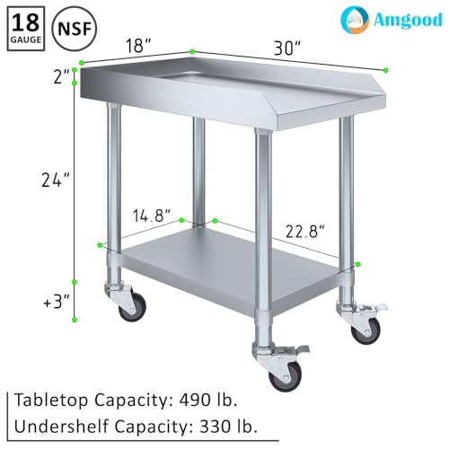 Image of AmGood Stainless Steel Equipment Stand with Undershelf + Casters, Heavy Duty, Commercial Grade, NSF Certified (30 inch Width x 18 inch Length + Casters)