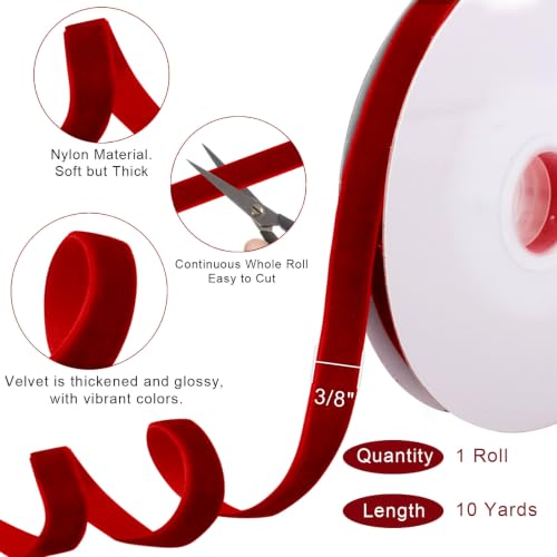 Image of Tsorode 10 Yards Red Velvet Ribbon for Christmas Tree,3 /8 Inch