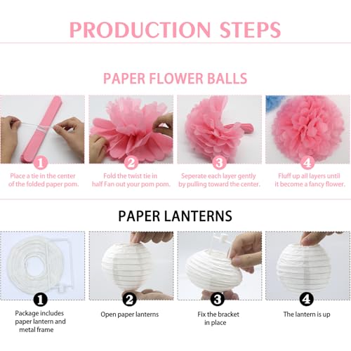 Image of KAXIXI Hanging Party pom pom Set, 15pcs Pink White Paper Flowers Pom Poms Balls and Paper Lanterns for Wedding Birthday Bridal Baby Shower Graduation, LanternPomPom012