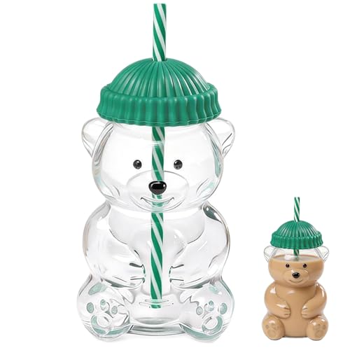 WDKXCN Bear Cup 2025 New Cute Transparent Bear Glass 600ML Glass Bear-Shaped Cup with Lid and Straw Cute Teddy Bears Cups for Coffee Drinks Milk Tea Smoothie Whiskey