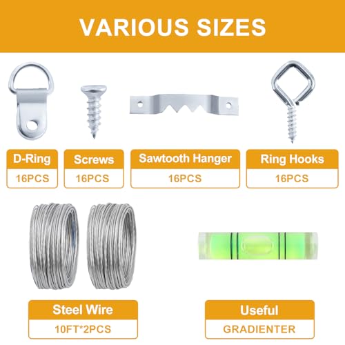 Image of KURUI 303Pcs Picture Hanging Kit, Picture Hangers Assorted Kit with Heavy Duty Wall Hooks, Sawtooth, Picture Wire, D Rings, Hardware Nails, Eye Hooks, Silver Heavy Duty Frame Hooks (Pack of 2)