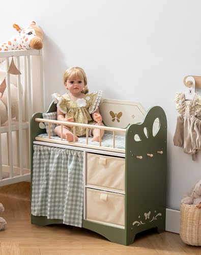 robotime baby doll crib wooden doll bed toy baby crib with storage bedding and wooden hooks doll crib fits dolls up to 22 doll furniture for american girls ages 3 green
