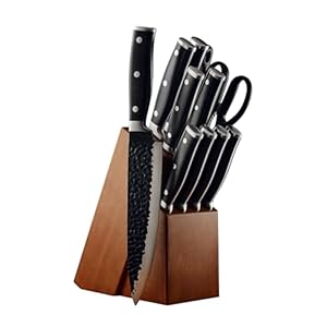 OrGREENiC Hammered High Carbon Steel Knife Set – Non-Stick Tsuchimi Blade Texture, Ergonomic Handle, Professional Sharpness for Precision Cutting – Includes Chef, Bread, Utility, and Steak Knives
