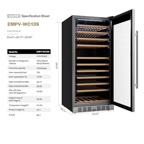 Image of Empava 24 inch Wine Cooler Refrigerator with Glass Door, Freestanding or Built In Tall Fridge with LED Light, Touch Control, 133 Bottles Capacity