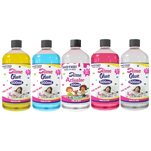 Image of HOTKEI (Make 100+ slimes) Multicolor Scented DIY Magic Toy Slimy Slime Activator Glue Gel Jelly Putty Making kit Set Toy for Boys Girls Kids Slime Making Kit 4 Colored Glue 1 Activator - 500 ml Each