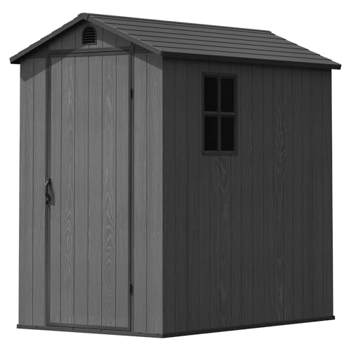 Image of Greesum 4x6FT Plastic Outdoor Storage Shed with Floor, Dark Gray | All-Weather Resin Sheds with Lockable Door, Tool Shed with Window & Multiple Vents, Easy Assembly for Yard, Patio, Garden