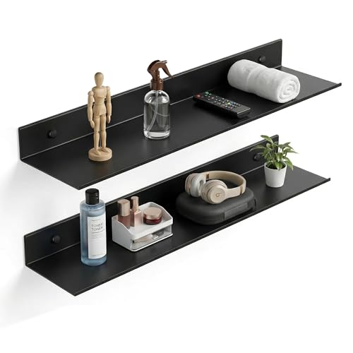 Z metnal Floating Shelves, Bedroom Shelves, Display Metal Wall Shelf for Funko Pop Speaker Figure Collection, Floating Storage Wall Decor, Aluminum, Wall Mounted, Matt Black, 20 inch, 2 Pack