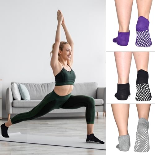 Image of Yoga Socks with Grips for Women Non Slip Pilates Socks Anti Skid Grippy Ankle Athletic Socks 3 Pairs