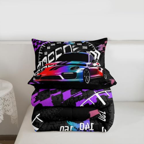 Image of Feelyou Purple Race Car Bedding Set - Queen Size Comforter Set with 2 Pillowcases, Geometric Checkered Pattern, Inner Fill Duvet Set