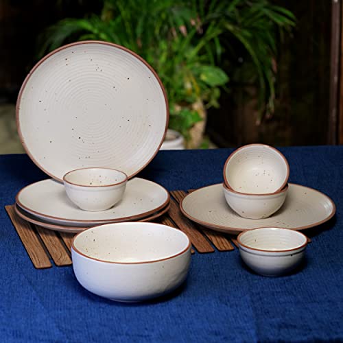 Image of Ribbed Ceramic Plates for Dinner with Katoris (9 Pieces, 4 Bowl & 4 Plates and 1 Large Serving Bowl Dishwasher & Microwave Safe) -Dinner Sets Ceramic Bowls Set Dinnerware Sets White