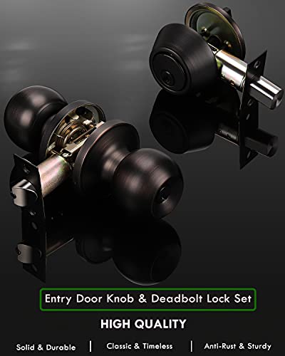 1 Pack Keyed Alike Entry Door Knobs/Keyed Door Lock, Double Cylinder Keyed Deadbolt With Matching Round Style Knob, Classic Oil Rubbed Bronze Finish, Door Hardware & Lock #TOP2