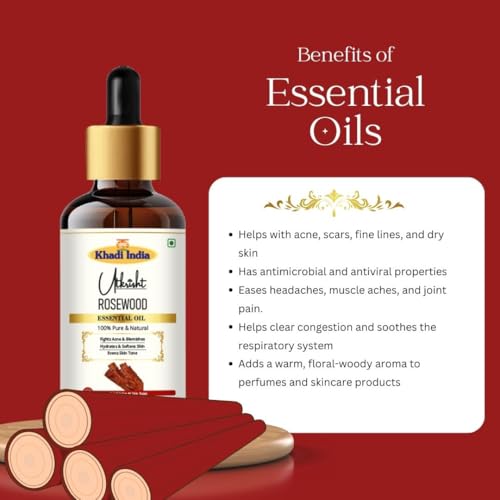 Image of Khadi Rosewood Essential Oil 15 ml | Pure & Natural | Oil for Skin, DIY & Massage | Muscle Relaxation & Anti Aging | Face & Body Massage Oil | All Skin Types | Aromatherapy for Men & Women