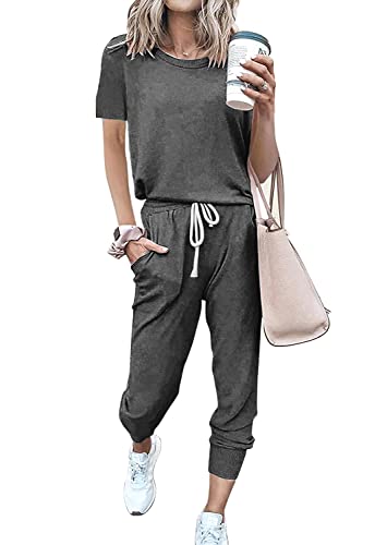 Image of PRETTYGARDEN Women Summer Two Piece Outfits Striped Short Sleeve Pullover and Long Pants Tracksuit Travel Pajama Lounge Set