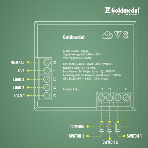 Image of Goldmedal WiFi 3 Node Smart Switch |Compatible with Alexa,Google Assistant|No Hub Required |Home Automation|(White)