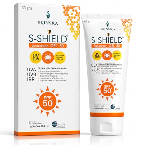 Image of SKINSKA NATURALS S-Shield Sunscreen Gel SPF 50 PA+++ - Lightweight, No White Cast, Broad Spectrum UVA /UVB for Oily, Dry & Acne-Prone Skin for Men /Women (60g)