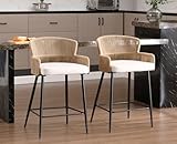 ROCITY Woven Counter Height Bar Stools Set of 2 Beige Linen Counter Stools 26 Inch Farmhouse Barstools with Wicker Back Comfy Upholstered Rattan Bar Chairs for Kitchen Island/Patio Garden