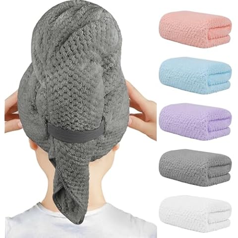 HOMEXCEL 5 Pack Microfiber Hair Towels - 40 x 20 inches Super Soft, Fast Drying Turbans for Long, Thick, Curly Hair - Anti Frizz Wrap with Elastic Strap Cover