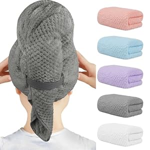 HOMEXCEL 5 Pack Microfibre Hair Towels – 101 x 51 CM Super Soft, Fast Drying Turbans for Long, Thick, Curly Hair – Anti Frizz Wrap with Elastic Strap