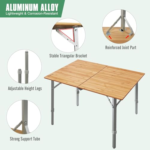 WKFAMOUT Klapptisch Campingtisch Bambus Klappbar Höhenverstellbar 80x60 cm Outdoor Gartentisch Faltbar Aluminium Beine für Camping Picknick Kochen Wandern Reisen