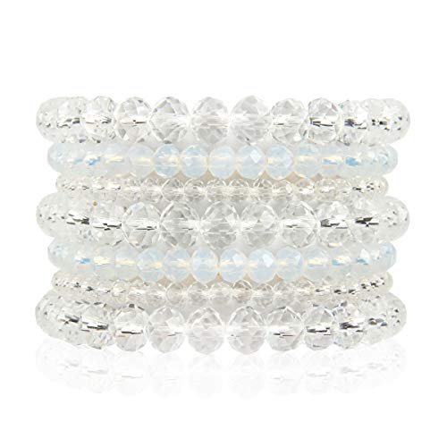 Bohemian Multi-Layer Beaded Stacking Statement Bracelets - Versatile Stretch Strand Sparkly Crystal Beads Wrap Slip-on Cuff Bangle Set (7 Layer Sparkly Beads - Clear)