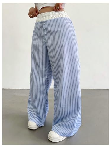 MakeMeChic Women's Plus Size Y2K Striped Baggy Pants Bow Button Wide Leg Trousers2