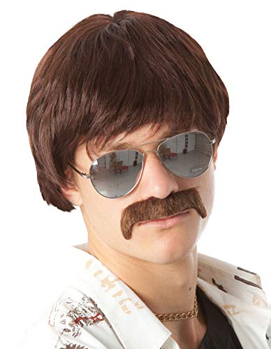 60s 70s Mens Costume Wig Short Brown Wigs + Mustache. Sonny Hippie 60s Singer TV Star Cop Detective Costume