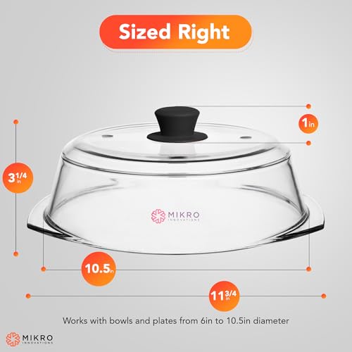 Tall Glass Microwave splatter cover | Sturdy clear 100% food safe BPA free glass lid with easy grip silicone handle | Heavy-duty glass for longer life, Dishwasher safe for easy cleaning - 10.5in