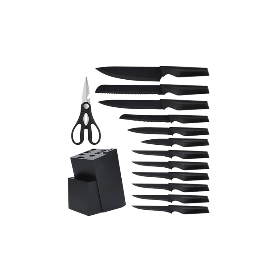 Knife Set, 14 Pieces Kitchen Knife Set with Built-in Sharpener Block, Self Sharpening Knives Sets, Stainless Steel Knife Block Set, Black