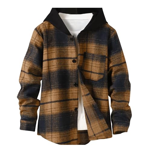 Image of Boys Girls Flannel Shirts Plaid Hoodies Fall Fashion Button Down Shirts | Long Sleeve Shirts Hooded Lightweight Jacket, Perfect for School Mornings, Leaf Piles,Camping, Bonfires, Weekend Adventures