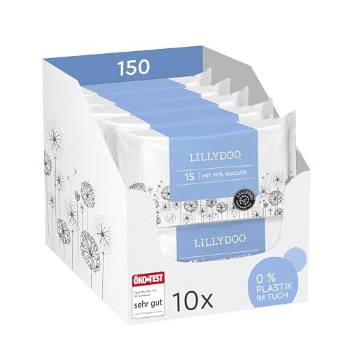 LILLYDOO Baby Feuchttücher mit 99% Wasser, 150 Stück (10 x 15), 100% plastikfreies Tuch, ohne Parfüme & mild wie Watte und Wasser 1