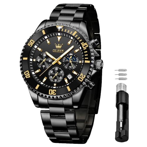 OLEVS Watches for Men Chronograph Business Wrist Watches Analog Quartz Moon Phase Stainless Steel Waterproof Luminous Dress Watches