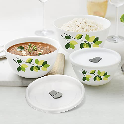 Larah By Borosil Green Leaves Mixing & Serving Bowl Set of 3 with Lid (500 ml, 750 ml, 1000 ml), Microwave Safe