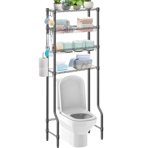Folews Over The Toilet Storage, 4-Tier Over Toilet Shelf Organizer Metal Storage Rack Freestanding Bathroom Space Saver with Adjustable Shelves and Baskets, Gray