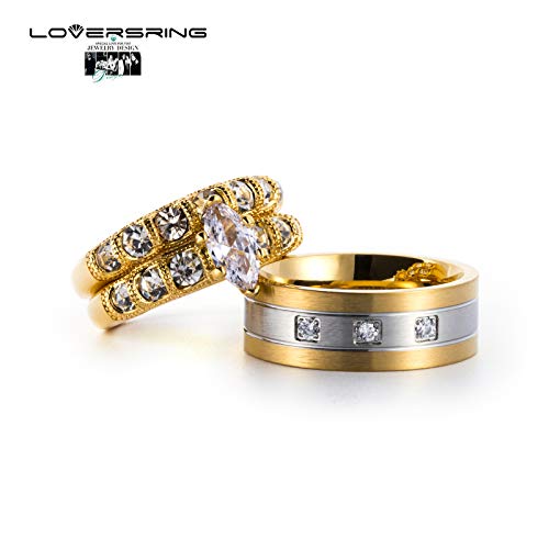 LOVERSRING 3pc Couple Ring Bridal Sets Women 14k Yellow Gold Plated Cz Man Titanium Band Wedding Ring Sets for Him and Her2