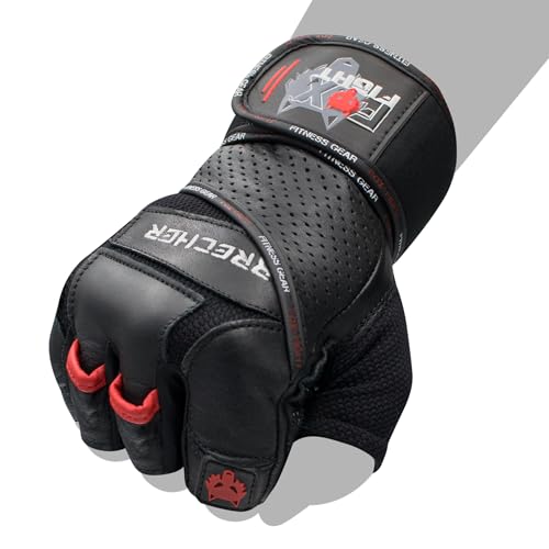 FOX-FIGHT Fitnesshandschuhe Trainingshandschuhe Kraftsport Damen Herren Leder Handschuhe Bodybuilding Sporthandschuhe mit Handgelenkbandage für Krafttraining Gewichtheben Brecher (M - schwarz)
