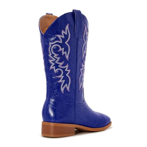 Image of Cowgirl Boots Square Toe Cowboy Boots For Women Ladies Mid Calf Low Heel Flat